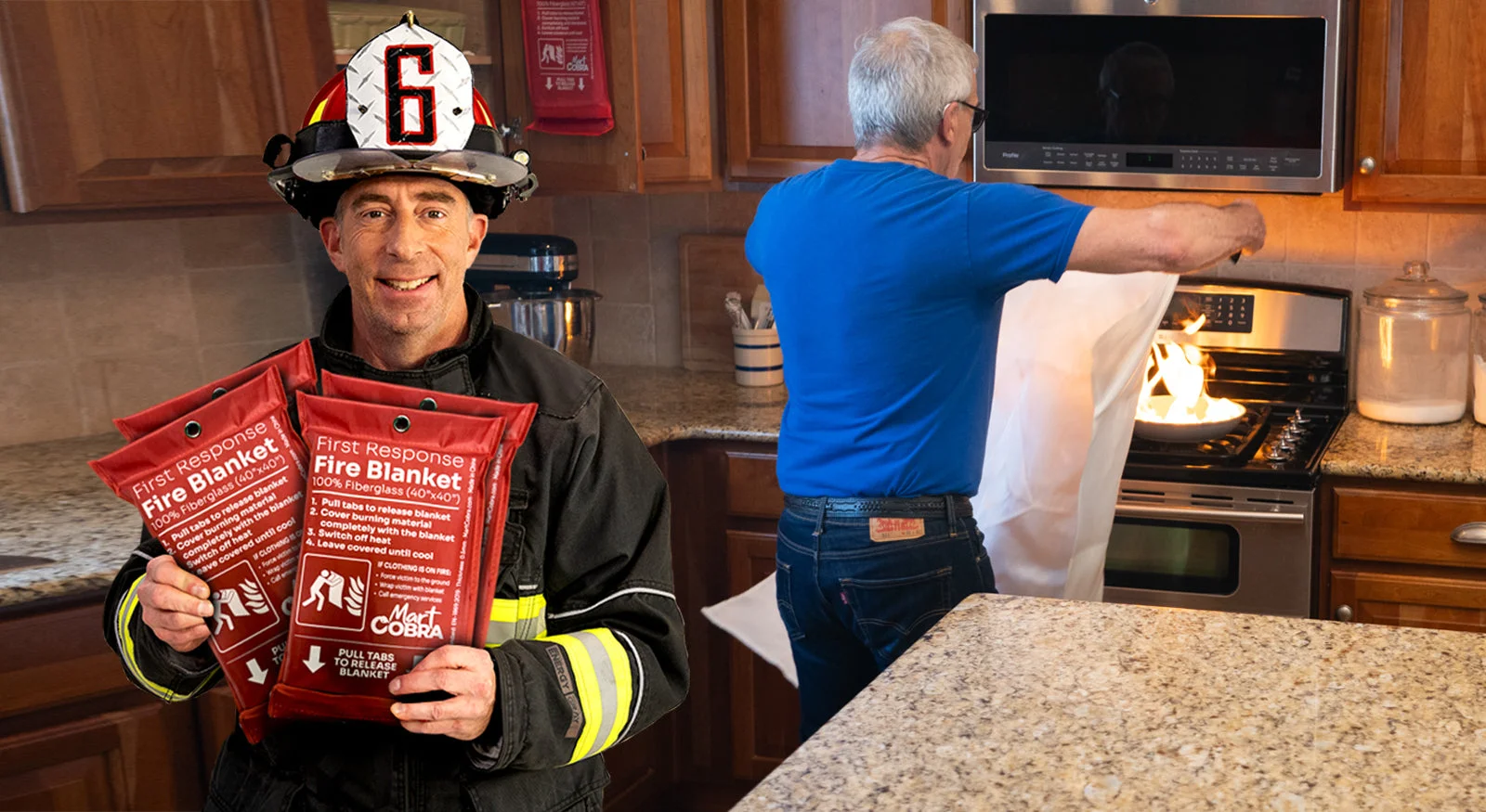 Fire fighter using fire blanket in kitchen emergency